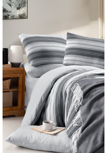 Mystory Home Lastikli Çarşaflı Tek Kişilik Nevresim Takımı Çizgili Gri