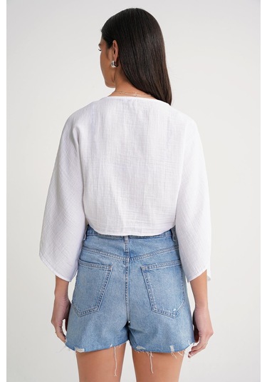 4723 Kadın Önü Bağlamalı Bolero Bluz Ekru Ekru