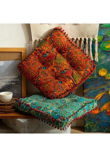 Trendooze Boho Turkuaz Mavi Yastık Püsküllü Sarı Turuncu Polyester Yatak Yumuşak Turuncu