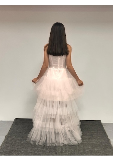 Kız Çocuk Abiye Krem Önü Kısa Kuyruklu Payet İşlemeli Biyeli Transparan Kaplama Abiye Elbise 10-15 Yaş Krem