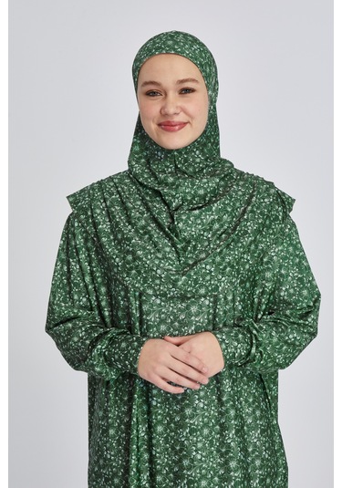 Pratik Tek Parça Çiçek Desenli Namaz Elbisesi Yeşil