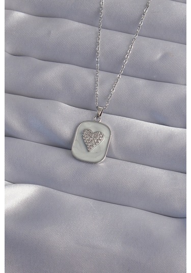 Ezoconcept 316l Çelik Zincir Mermer Desenli Gümüş Renk Zirkon Taşlı Kalp Model Kolye 001