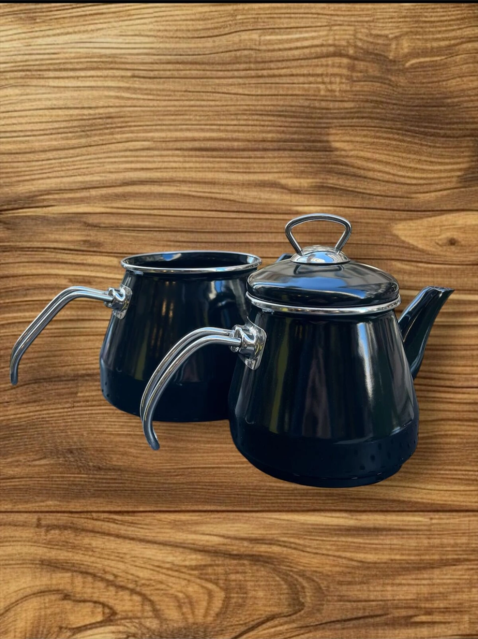 Taşev Robin Emaye Çaydanlık Takımı Siyah Siyah