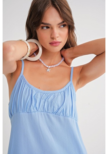 4742 Kadın İp Askılı Büzgü Detaylı Midi Elbise Bebe Mavi Bebe Mavi