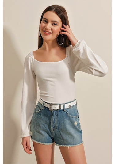 Bigdart 0465 Balon Kollu Örme Bluz - Beyaz 001