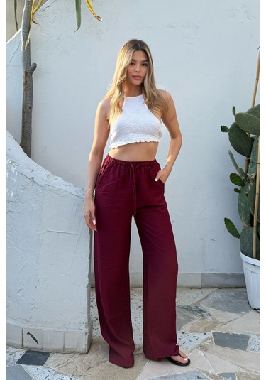 Pembe Keten Karışımlı Bol Kesim Pantolon Bordo