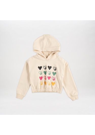 Panço Kız Çocukbaskı Detaylı Kapüşonlu Sweatshirt Bej 2411gk08006-4128 001