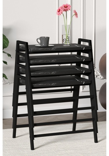 Zigon Sehpa , Aden 4'lü Tepsi Zigon Sehpa Takımı Siyah Metal - Siyah Mermer Tabla Siyah-siyah Mermer