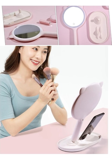 Kedi Kulaklı Telefon Standlı Yuvarlak Dokunmatik Led Ayarlı Masa Üstü Makyaj Aynası Renkli
