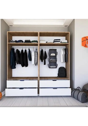 Nisan Açık Ceviz-beyaz 4 Kapılı 4 Çekmeceli Elbise Dolabı - Gardırop Seti Açık Ceviz & Beyaz