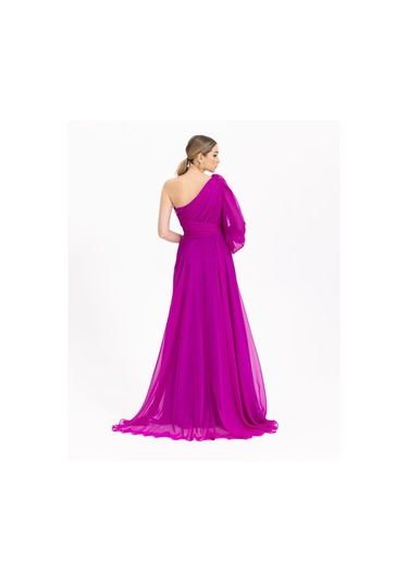 Tek Omuz Şifon Abiye-fuşya Fuşya