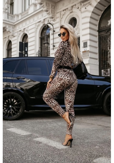 Leyla Sanat Sanata Yeni Bir Bakış Açısı Kadın Uzun Kollu Kemersiz Örme Krep Tulum Leopar