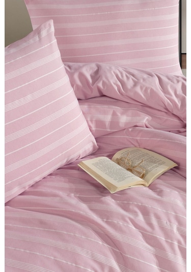 Varol Lastikli Saten Çizgili Çift Kişilik Nevresim Takım Pembe