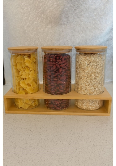 Qerhome Borosilikat Cam Bambu Stantlı Ve Bambu Kapaklı Optik Çizgili Baharatlık Seti 1400 Ml Alg11522 Amber