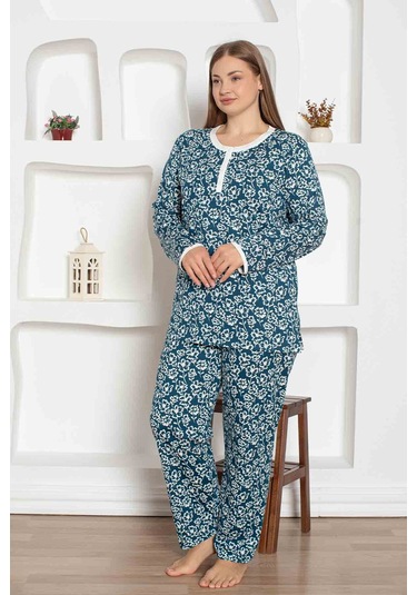 Kadın Çiçek Desen Bisiklet Yaka 3 Düğmeli %100 Pamuk Penye İnce Yazlık Uzun Kol Pijama Takımı İndigo Kadın Çiçek Desen Bisiklet Yaka 3 Düğmeli %100 Pamuk Penye İnce Yazlık Uzun Kol Pijama Takımı İndigo