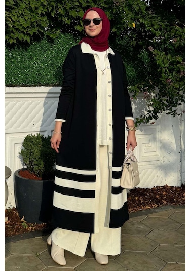 İmge Çizgili Triko Hırka Siyah Çok Renkli