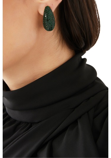 Pave Dome Earrings, Kristalli Kup Tarzı Küpe Yeşil