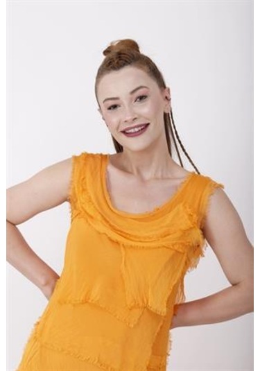 Italyan 2 Beden İnce Gösteren Kat Kat Kolsuz Ipek Elbise-8769 Oranj