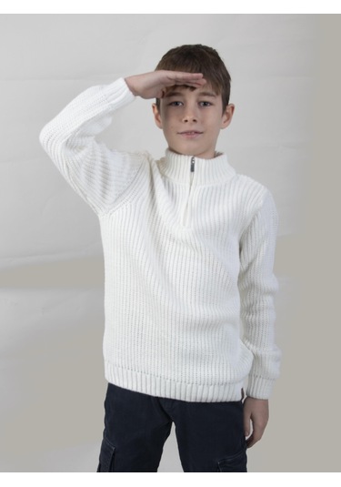 Alexandergardı Dik Yaka Fermuarlı Erkek Çocuk Kazak C23-7108 Beyaz