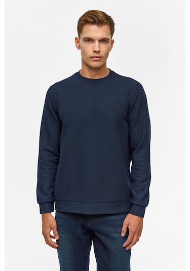 Süvari Lacivert Regular Düz Bisiklet Yaka Sweatshirt-38792 Lacivert