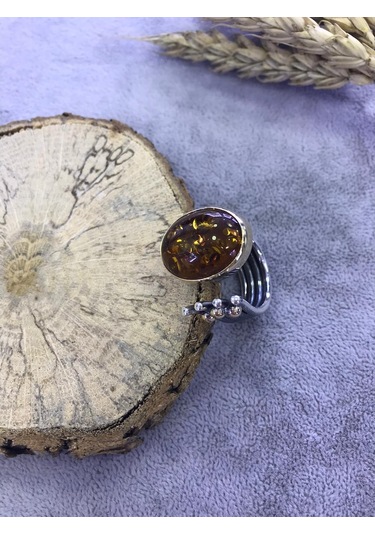 Kehribar Taşlı Gümüş Yüzük 925 Ayar - 217290351