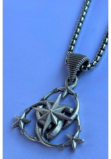 Pusula Ay Yıldız El İşçiliği Paslanmaz Çelik Zincir Erkek Kolye Gümüş