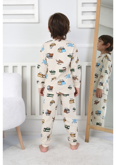 Transportation Veichle Desenli Çocuk Pijama Takımı Alt-üst Bej 3-8 Yaş Bej