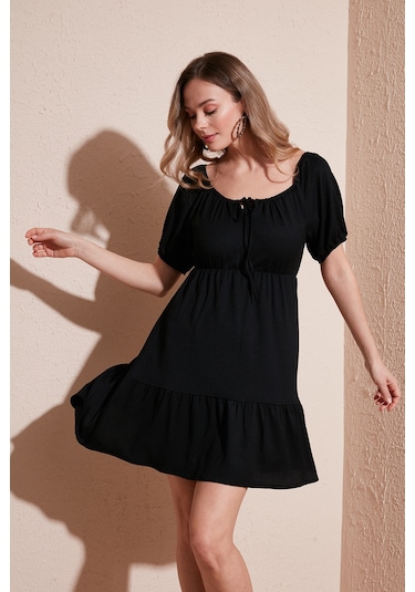 Lela Önü Büzgülü Balon Kollu Mini Bayan Elbise 5869005 Siyah