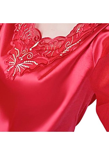 Kırmızı 2 Adet/takım Rahat Bahar Gecelik Seti V Yaka Uyku Dantel Artı Boyutu Kadın Gecelik Yatak Odası İçin Set Kırmızı