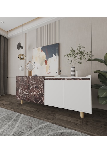 Ravenna Modern Konsol 180 Cm Mermer Desen - Beyaz Bordo- Beyaz