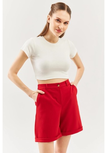 Kadın Kısa Kol Bisiklet Yaka Vücuda Oturan %100 Pamuklu Kaşkorse Esnek Crop Bluz Beyaz