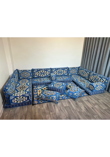 Coton Şark Köşesi Yörük Desenli Lüks Minder Takımı Konsept Mavi 18 Parça Mavi