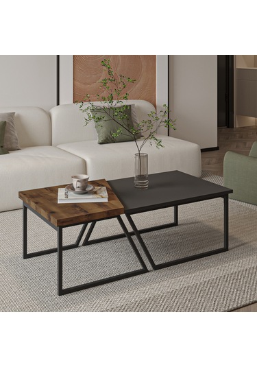 Verona İkili Orta Sehpa Modern Tasarım Metal Ayaklı Sehpa Seti Antrasit/antik Ceviz