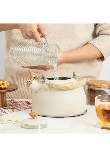 F Fityle Paslanmaz Çelik Ahşap Saplı Çaydanlık - Beyaz Ahşap