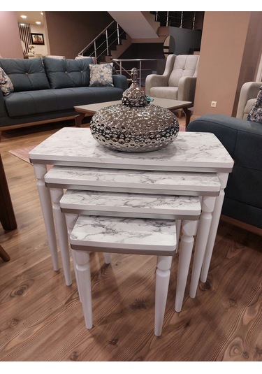 Akset 4lü Lüx Zigon Sehpa Beyaz Mermer Gümüş