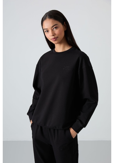 Tommy Life Siyah Basic Pamuklu O Yaka Oversize Lastik Paça Kadın Eşofman Takım - 95287 Siyah