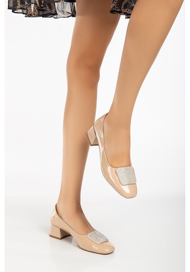 Büyük Numara Rugan Kare Taşlı Ten Kadın Kısa Topuklu Ayakkabı-3148-ten Ten