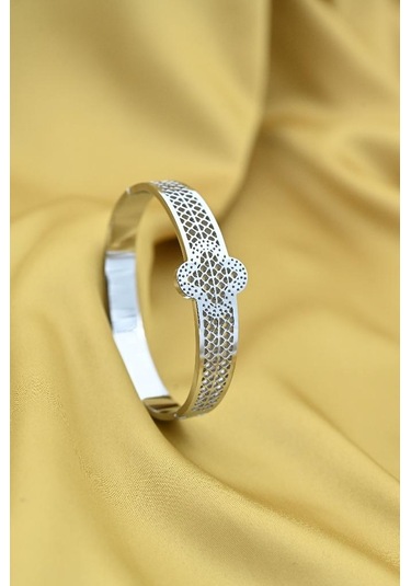 Tükkan Accessories Gümüş Desenli Kalın Kelepçe Çelik Bileklik-keztçbi41