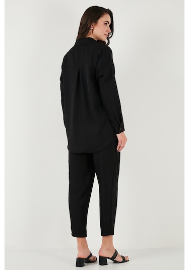 Lela Keten Karışımlı Regular Fit Lastikli Bel Uzun Kollu Alt Üst Bayan Takım 6696622 Siyah
