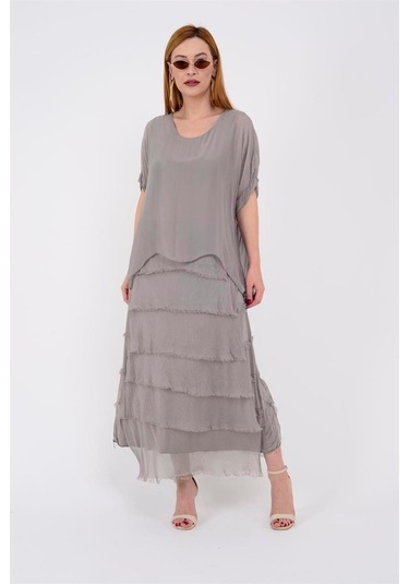 İtalyan 2 Beden İnce Gösteren Yarım Kol Kat Kat Ipek Elbise Vizon