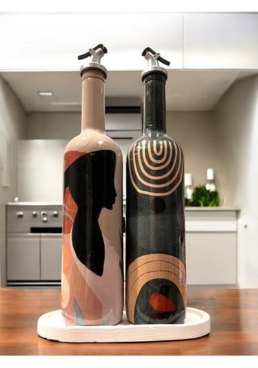 El Yapımı Dekoratif Minimalist Afro Kadın Ve Geometrik Desenli Yağdanlık Seti, Sosluk, Sirkelik, Mut Füme