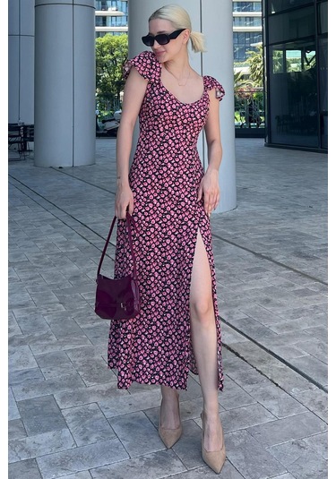 Madmext Siyah Desenli Yırtmaçlı Uzun Elbise Mg2004-siyah Siyah