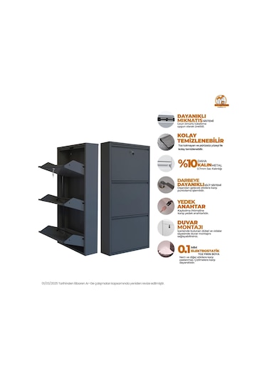 Kilitli 3'lü Metal Ayakkabılık - Antrasit