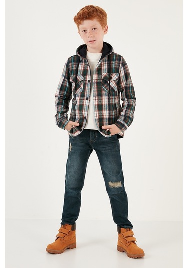 Lela Ekoseli Kapüşonlu Cepli Kışlık Oduncu Erkek Çocuk Gömlek Cf24W81779 Yeşil