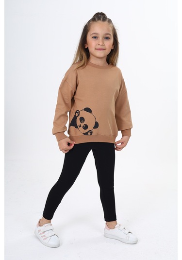 Toontoy Kız Çocuk Baskılı Taytlı Takım Kahverengi