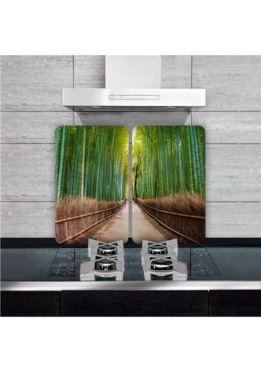 Dekoratif Cam Ocak Koruyucu Ve Kesim Tahtası Bambu Yolu 60cm X 52