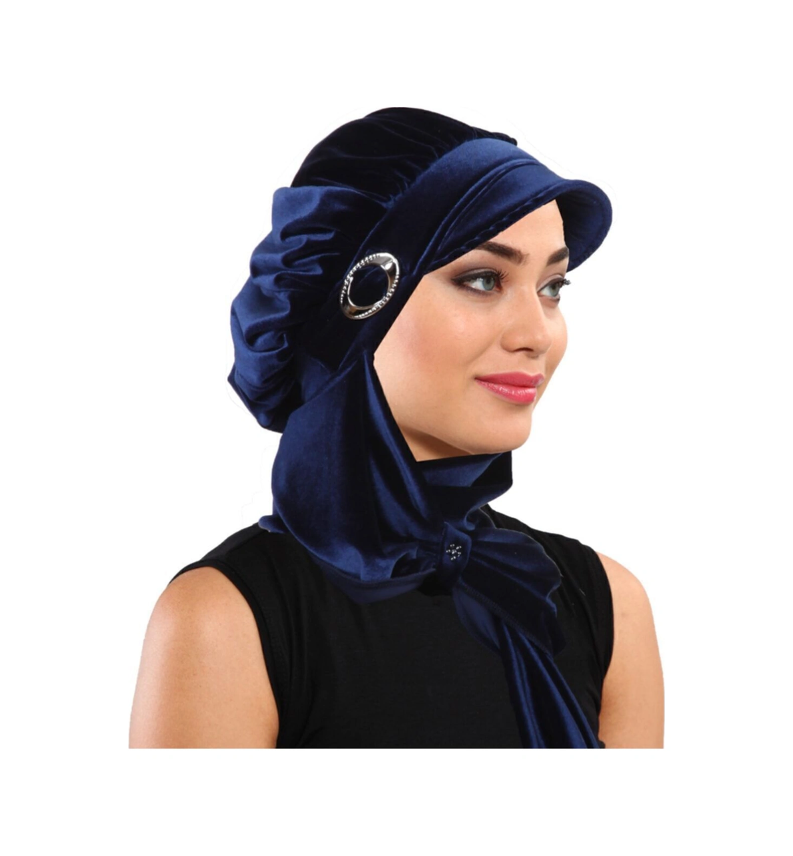 Kadife Şapka Atkılı Toka Detaylı Lacivert Hazır Türban Tesettür Bone Lacivert