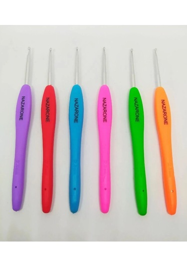 Nazarone 6'lı Silikon Saplı Tığ Seti Tığ Kutusu Hediye 2-2,5-3-3,5-4-5 Çok Renkli 3 X 4