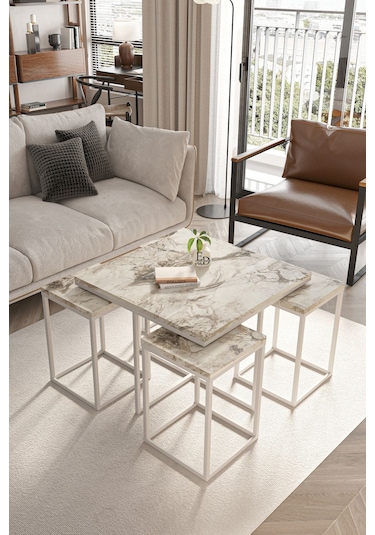 Lizbon 4+1 Kare Sehpa Takımı Beyaz Metal - Beyaz Mermer Tabla