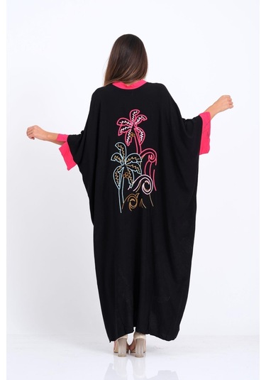 Kadın Siyah Sırtı Palmiye Nakışlı Yarasa Kol Oversize Uzun Elbise - Sıyah